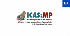 A researcher reading in a bright academic office at ICAS:MP, New Delhi, with books, journals, and a calm environment indicating a global academic setting.
