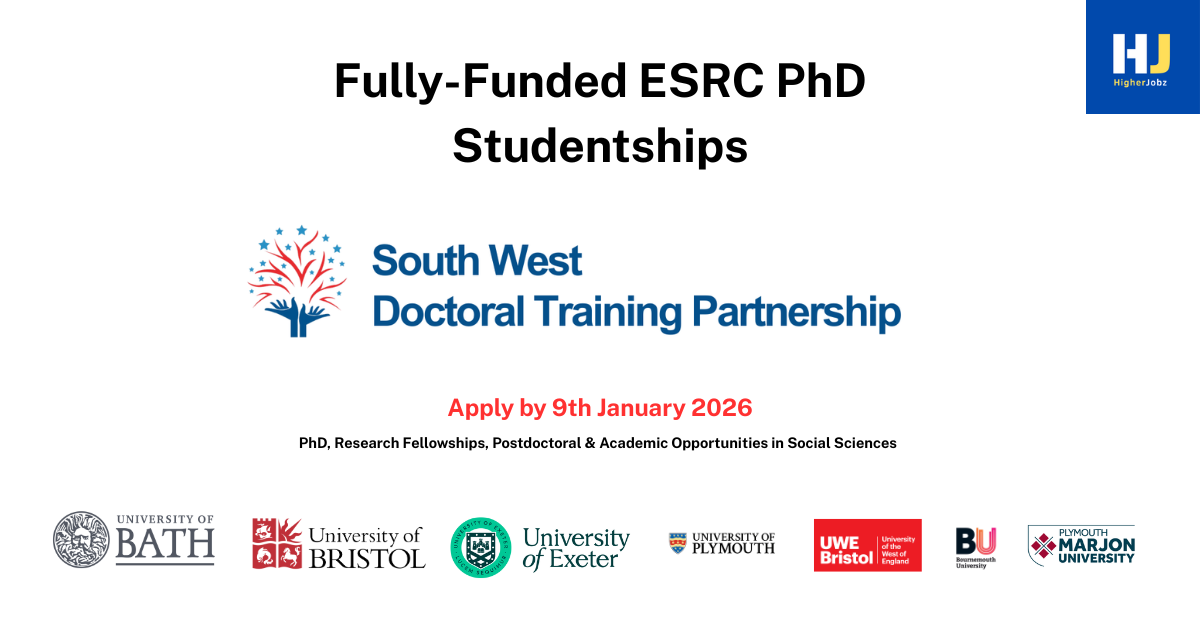 Fully-Funded ESRC 34 PhD Studentships – South West Doctoral Training Partnership – Apply by 9th Jan 2026